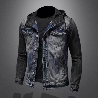 Men's Knit Hooded Denim Jacket Fashion Stitching Denim Coat